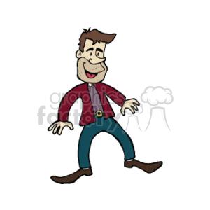 The image depicts a cartoon character of an adult male with exaggerated features. He has a large smiling face with facial hair that appears to be a beard, and he's wearing a suit that consists of what looks like a maroon jacket, a purple shirt, and blue pants. The character has notably large feet in brown shoes and appears to be standing in a playful stance with arms and fingers extended. The suit and stance may suggest he's a humorous, friendly or eccentric character, such as a salesman or even a comedic father figure.