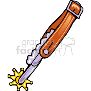This clipart image depicts a single cowboy spur. It features a leather strap, a metallic neck, and a rowel with star-shaped points, which is typically attached to the heel of a cowboy boot.
