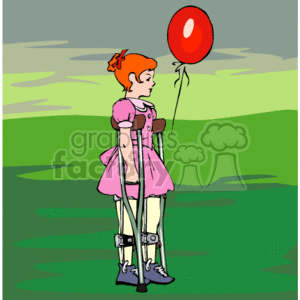 The clipart image depicts a girl with orange hair tied up with a bow, wearing a pink dress, leg braces, and crutches. She is standing on grass and holding a red balloon with a string. Her expression seems contemplative as she looks aside. The background suggests a grassy area with a gradient sky transitioning from white to green.