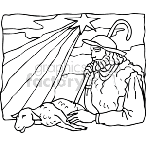 The clipart image depicts a shepherd with a lamb, under a night sky illuminated by a bright star. The shepherd appears contemplative or watchful, gazing towards the star while holding a staff. This imagery is typically associated with Christian iconography, reflecting themes of guidance, the Nativity story, or the metaphor of Jesus as the Good Shepherd.