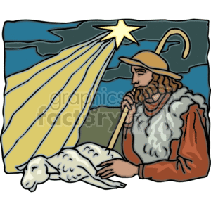The clipart image features a stylized illustration of what appears to be a Christian religious scene. It depicts a shepherd wearing a hat, with a staff in hand and a gentle expression, caressing a lamb. Above them, a large, shining star casts light down on them, possibly representing the Star of Bethlehem, which in Christian tradition signaled the birth of Jesus Christ. The background suggests a night sky. The overall theme signifies care, guidance, and may suggest the shepherd’s role as a protector and guide, similar to the metaphor of Jesus as the Good Shepherd or referencing the shepherds who visited Jesus at his birth.