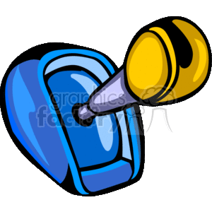 The clipart image depicts a stylized gear shifter, often found in automobiles for changing gears. The shifter appears cartoonish with a prominent yellow knob and a blue base, typically used for manual transmission cars.