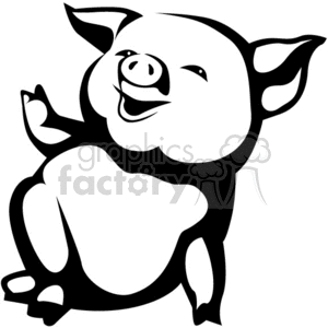 The image is a black and white clipart of a happy pig. The pig is depicted in a playful pose, seemingly laughing or smiling with joy, and its hands are raised as though it's waving or celebrating.