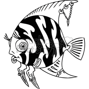 The clipart image depicts a stylized fish with a whimsical or funny gothic theme. The fish has pronounced, exaggerated facial features, including a spiral eye and a surprised facial expression. It is adorned with goth-style jewelry accessories such as a lip ring, a necklace with a pendant, and an eyebrow piercing connected by a chain to an earring. The fish also features a pattern that resembles zebra stripes on its body, giving it a distinct appearance.