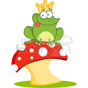 This clipart image depicts a whimsical illustration of a green frog seated atop a red mushroom with white spots. The frog has a cartoonish appearance with large, expressive eyes and a little crown on its head, suggesting that it may be a playful take on the frog prince from fairy tales.
