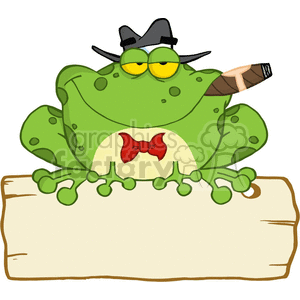 The image depicts a cartoon frog with a humorous gangster-like appearance. It is sitting on a rock, wearing a black hat and sunglasses, sporting a red bow tie, and smoking a cigar.