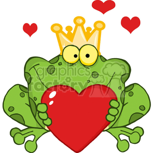 This clipart image features a whimsical, green frog with big, yellow, googly eyes and a gold crown on its head. The frog is smiling and holding a big, glossy red heart against its chest. There are also two small red hearts floating to the right side of the frog, possibly indicating feelings of love or affection.