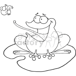 The image is a line drawing of a cartoon frog with a comical expression sitting on a lily pad. The frog appears to be happy or contented, with bulging eyes and a long tongue sticking out to the side as if it's about to catch a fly. There's a pair of flies illustrated above its head that appear to be fleeing or flying in a carefree manner.