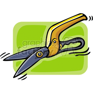 The clipart image depicts a pair of garden shears, which is a tool commonly used for the purpose of cutting, trimming, or pruning plants in gardening and agriculture.