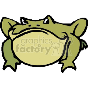 The clipart image depicts a cartoonish illustration of a frog, characterized by its oversized, bulbous body and exaggerated features typical of a stylized representation. The frog is shown frontally, with a grumpy expression, and the coloring suggests it might be inspired by a common frog species like a bullfrog.