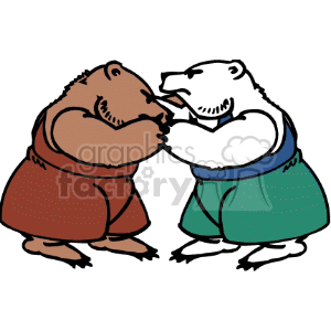 This image features a cartoon of two bears engaged in wrestling. On the left, there's a brown bear wearing a red singlet, and on the right, there's a white bear, possibly a polar bear, wearing a blue singlet. The bears are standing on their hind legs facing each other with their arms locked in what appears to be a wrestling match pose.