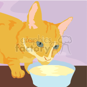 The clipart image shows an orange cat with tabby markings drinking or eating from a light blue bowl. The cat's ears are pointed upwards, and it has green eyes. The background is divided into a lavender upper half and a darker purple lower half, suggesting this scene might be set indoors.