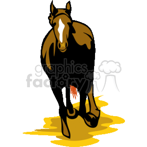 The image is a clipart illustration of a horse. The horse appears to be galloping towards you in a stylized pose, characterized by simplified shapes and outlines typically found in clipart. The color scheme is primarily earth tones with a highlight of white on the horse's face
