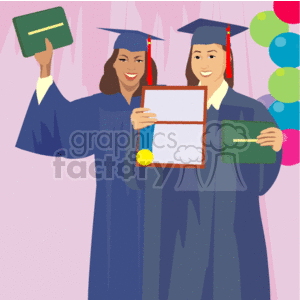 The clipart image features two individuals dressed in graduation attire, which includes blue gowns and caps with red tassels. One person is proudly holding up a green diploma, while the other is holding onto a certificate in a red frame marked with a golden seal. They are both smiling and appear to be celebrating their academic achievements. In the background, there are balloons in various colors, suggesting a celebratory atmosphere that is typical for a graduation ceremony or party.