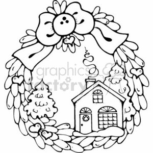 The clipart image features a Christmas wreath with an illustration of a cozy cabin inside it. The wreath is adorned with a large bow and bell at the top, and is surrounded by pine cones and Christmas trees. There's a playful spiral detail hanging from the bow.