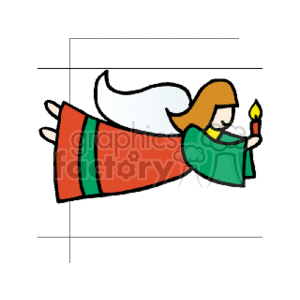 The clipart image depicts an angel holding a candle. The angel has brown hair, is wearing a green and red robe with a yellow outline, and has white wings. The candle has a yellow flame.