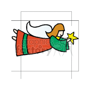 The clipart image depicts a stylized angel with a simplistic design, colored primarily in green and red, which are traditional Christmas colors. The angel appears to be flying, with its wings outstretched, holding a yellow star in its hands. The overall theme suggests a holiday or Christmas motif, commonly associated with the festive season.