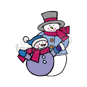 This clipart image depicts two stylized, cartoonish snowmen. The larger snowman is dressed in a blue winter coat, red scarf, and black top hat, and is smiling. The smaller snowman, who seems to be a depiction of a child given their size in comparison to the larger figure, is wearing a blue winter hat and pink scarf, also smiling. Both snowmen have a classic snowman aesthetic with buttons down the front of their bodies, and they are illustrated with rosy cheeks. The overall theme of the image is joyful and correlates with the winter or Christmas season.