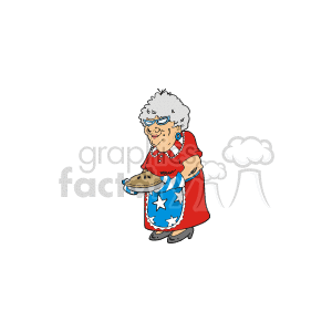 This image features a stylized depiction of a grandmother holding a freshly baked pie. She is dressed in a festive apron and skirt combo that features stars and stripes, in a patriotic American theme. Her attire might suggest this image is intended for use around American patriotic holidays, such as Memorial Day. The grandmother appears cheerful and ready to serve her homemade dessert, which adds warmth and a personal touch to the American patriotic theme.