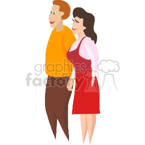 The clipart image depicts a happy couple holding hands. The man is wearing a casual long-sleeved orange shirt and brown pants, while the woman is wearing a red dress with a white blouse underneath and appears to have dark hair. Both are smiling and presenting a content and affectionate posture towards each other.
