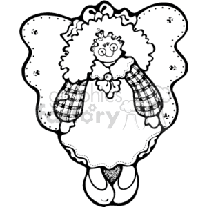 This is a black and white clipart image of a country-style angel doll. The doll has a cheerful, smiling face with curly hair. It's wearing a dress with what appears to be a patchwork design on the sleeves, and a frilly collar. The doll also has wings with star patterns on them, and it is wearing simple shoes. The image is styled to resemble a rag doll and conveys a charming, rustic aesthetic typically associated with handmade toys.