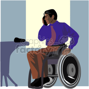The image is a clipart illustration showing a person in a wheelchair at a desk, using a phone. The person is dressed in business attire, wearing a shirt and tie with slacks. The focus is on the person's professional setting and their use of a wheelchair is included, representing accessibility and inclusivity in the workplace.