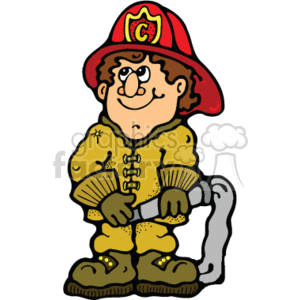The clipart image depicts a cartoon-style firefighter. The firefighter is wearing a yellow suit with a traditional fire helmet that is red marked with a 'C'. They are holding what appears to be a hose nozzle, ready for action. The expression on the character's face is friendly and confident.