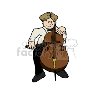 The clipart image depicts a cartoon of a child playing a cello. The kid appears happy and focused, with a bow in hand, actively engaged in playing the instrument. The child is wearing a white shirt and black pants, which could be formal or concert attire, and black shoes, standing in a typical cellist's playing posture.