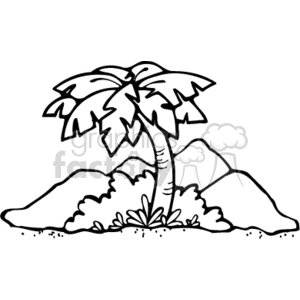 The clipart image depicts a single palm tree with a clearly defined trunk and canopy of palm leaves. The tree is situated on a small mound or hill, which could represent a tropical island, with stylized simple shapes that suggest mountains or large rock formations in the background on either side of the palm tree. There is foliage at the base of the palm tree, indicating some undergrowth or smaller plants. The style is simplistic, with clean lines suitable for coloring or basic graphic representations.