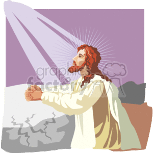 The clipart image depicts a religious scene featuring a man who represents Jesus Christ praying. He is shown with a halo of light around his head, kneeling down with his arms resting on a rock, and rays of light shining down upon him, which suggests a divine presence. The setting appears to be a simplified, abstract depiction of the Garden of Gethsemane, a place associated with Jesus' prayers before his crucifixion.