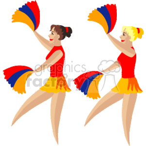 This clipart image features two cheerleaders. They are both dressed in cheerleading uniforms that include red tops and yellow skirts with red trims. Each cheerleader is holding pom-poms in what appears to be blue, yellow, and red colors, and they are posed in a dancing or cheering position with one leg lifted as if they are performing a routine.