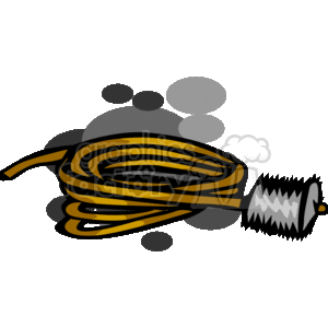 The clipart image depicts a chimney sweep's tool, which consists of a yellow and black flexible rod or hose that appears to be coiled up, and a chimney brush with stiff bristles, typically used to clean the inside of a chimney flue to remove soot and creosote buildup, thus reducing the risk of a chimney fire.