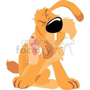 The clipart image depicts a cartoon dog scratching its ear with its hind leg. It has a humorous expression on its face, with a closed eye and an exaggerated smile, portraying the typical silly and relaxed demeanor of a dog enjoying a good scratch. The dog appears to be a light-brown mutt with a big black nose.