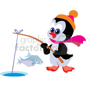 This clipart image features a cartoon penguin ice fishing. The penguin is dressed in a warm hat and scarf, and it's holding a fishing rod. There's a hole in the ice nearby with a fishing line dipped into it, and a fish is jumping out of the water towards the penguin.
Concise 
