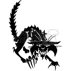 The image shows a stylized black silhouette of an aggressive-looking cat. This cat is depicted with an arched back, raised fur, bared fangs, and extended claws, in a pose suggesting that it is ready to strike or defend itself. The silhouette is bold and simplified, making it suitable for vinyl cutting or signage, particularly with themes such as Halloween or to convey a message of caution or warning because of the cat's mean and potentially evil appearance.