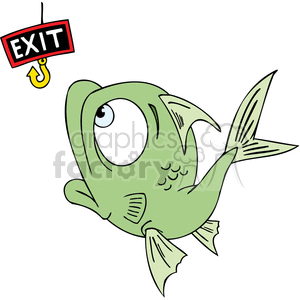 The image is a clipart illustration that features a green largemouth bass fish with a surprised or startled expression, looking at a fishing hook that's attached to an exit sign. The exit sign is red with white lettering and there is a yellow hook.
