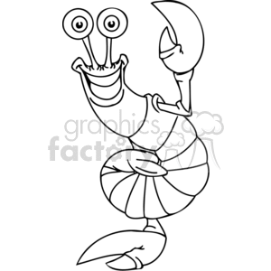 This is a black and white clipart image featuring a cartoon lobster with a whimsical expression. The lobster has large, googly eyes on stalks, a big smiling mouth, and is holding its claws in front. Its tail is curled beneath its body.