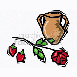 The clipart image features a brown vase alongside what appears to be a branch with green leaves, red blooms resembling roses, and red shapes resembling strawberries. It's designed in a stylized manner with bold outlines typical of clipart.