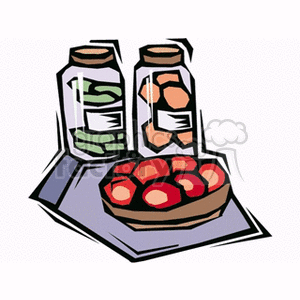 The clipart image features two glass jars with preserved vegetables inside. On the left, a jar is filled with green items which could represent peas or beans, and on the right, there's a jar with orange and white items, possibly indicating preserved tomatoes or carrots. Also, there is a bowl in front of the jars, filled with red, round items like sliced tomatoes or some other round vegetable.