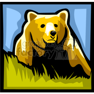 The clipart image features a stylized representation of a bear. The bear appears to be a grizzly or brown bear, characterized by its thick fur and powerful build. The bear is depicted in a frontal view looking straight ahead. There is grass at the bear's feet, indicating it is outdoors. The overall aesthetic of the image is bold and graphic, with solid colors and clear outlines, common for clipart illustrations.