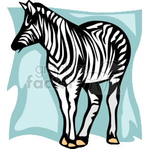 The image is a stylized clipart of a zebra. The zebra is depicted with black and white stripes, which is characteristic of these animals. The background appears to be a simple, abstract design with some blue shapes, which perhaps suggests a sky or a non-detailed environment. The zebra is standing and facing left, allowing a full profile view. The artwork is clearly graphic and not a photograph.