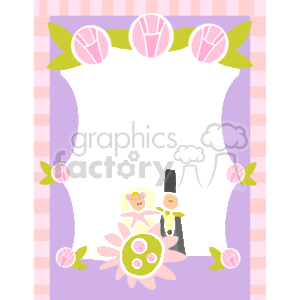 The clipart image displays a stylized wedding-themed frame with a central black space for text or additional imagery. The border features pastel pink stripes on the sides and a pattern that includes pink roses and green leaves at the top and bottom. In the lower portion of the black central space, there is a simplified representation of a bride and groom standing alongside a large, pink flower with additional pink accents. The overall design suggests a festive and joyful wedding theme, likely intended for use in wedding-related stationery or decorations.