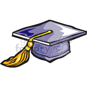 The clipart image depicts a traditional graduation cap, also known as a mortarboard. The cap is typically associated with graduation ceremonies for college or university education. It has a square, flat top and a central button from which a gold tassel is attached. The tassel indicates the graduate's involvement in a ceremony and often is moved from one side to the other to signify the completion of the graduation process.