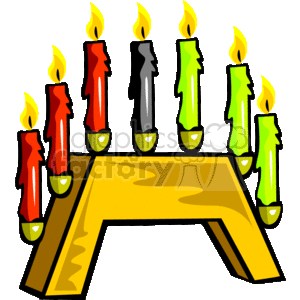 The clipart image depicts a kinara, which is a candle holder used during the celebration of Kwanzaa. There are seven candles in the kinara, three red on the left, one black in the center, and three green on the right. These candles are known as the Mishumaa Saba and they represent the seven principles (Nguzo Saba) of Kwanzaa, which include unity, self-determination, collective work and responsibility, cooperative economics, purpose, creativity, and faith.