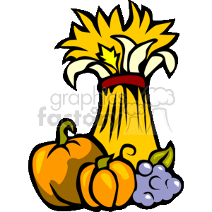 The clipart image depicts a festive Thanksgiving-themed collection. It includes a sheaf of wheat tied together with a red band, two orange pumpkins of different sizes, small gourds, and a bunch of purple grapes with a green leaf. The image represents the bounty of the fall harvest season and is indicative of Thanksgiving holiday decorations and themes.
