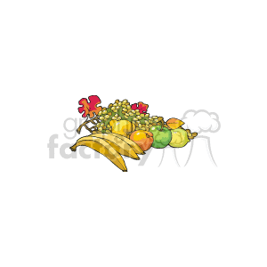 This clipart image features a collection of fruits and autumn elements that are commonly associated with Thanksgiving. There are bananas, grapes, apples, and gourds, along with yellow leaves, symbolizing fall or autumn. The arrangement suggests a harvest theme, typically celebrated during Thanksgiving in November.