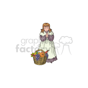 The image is a clipart that depicts a girl praying or giving thanks next to a basket full of apples and other harvest foods. The setting suggests themes of Thanksgiving, gratitude, and the fall season.