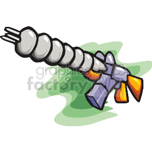This clipart image depicts a stylized science fiction laser gun with a segmented barrel, likely intended to represent futuristic or alien technology. The gun is adorned with gray, orange, and blue colors, implying metal and energy components. It is set against an abstract green and white background, which may suggest motion or energy being emitted.