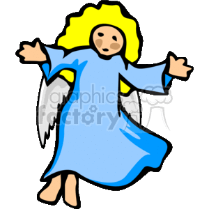 The clipart image depicts a cartoon-style angel with outstretched arms. The angel is wearing a blue robe and has white wings protruding from its back. It has a yellow halo above its head and a peaceful facial expression. The angel appears to be floating or gesturing with open hands, which suggests a sense of peace or joy.