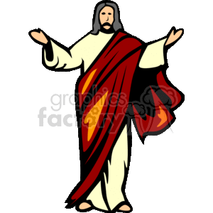 This clipart image depicts a stylized representation of Jesus Christ wearing a red cloak over a white robe, standing with arms outstretched in an open, welcoming gesture. The style is simple with bold outlines and flat colors typical of vector-based clipart.